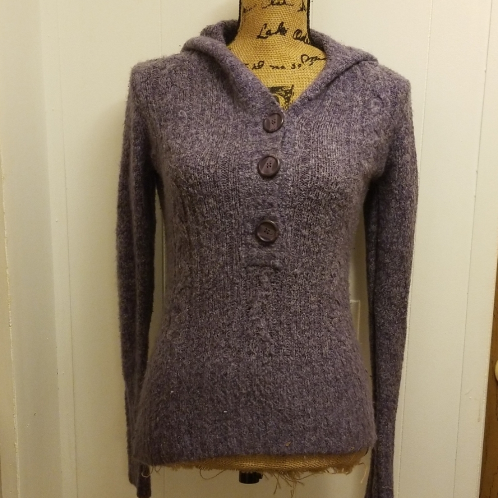 Lilac Purple Knit Button Pullover Hooded Sweater